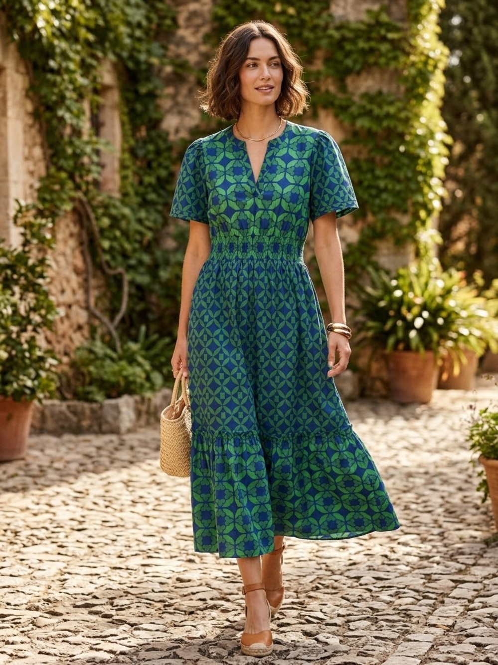 Green & Blue Printed Smocked-Waist Midi Dress